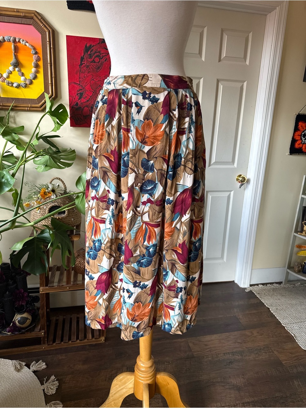 Sag Harbor Floral Midi Skirt in Cream, Rust, Teal & Brown